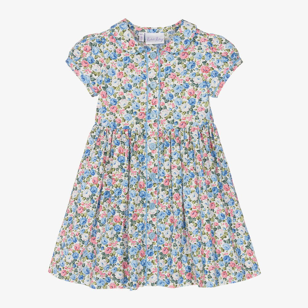 Rachel Riley - Girls Blue Cotton Floral Dress | Childrensalon
