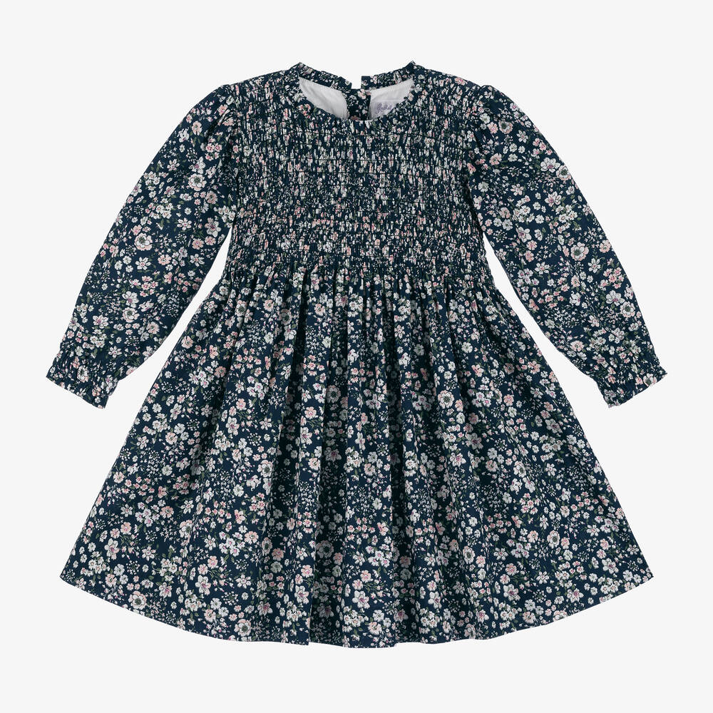 Rachel Riley - Girls Blue Cotton Shirred Floral Dress | Childrensalon