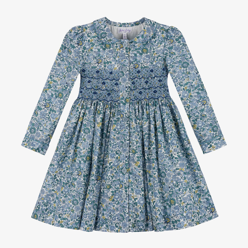 Rachel Riley - Girls Blue Floral Smocked Cotton Dress | Childrensalon