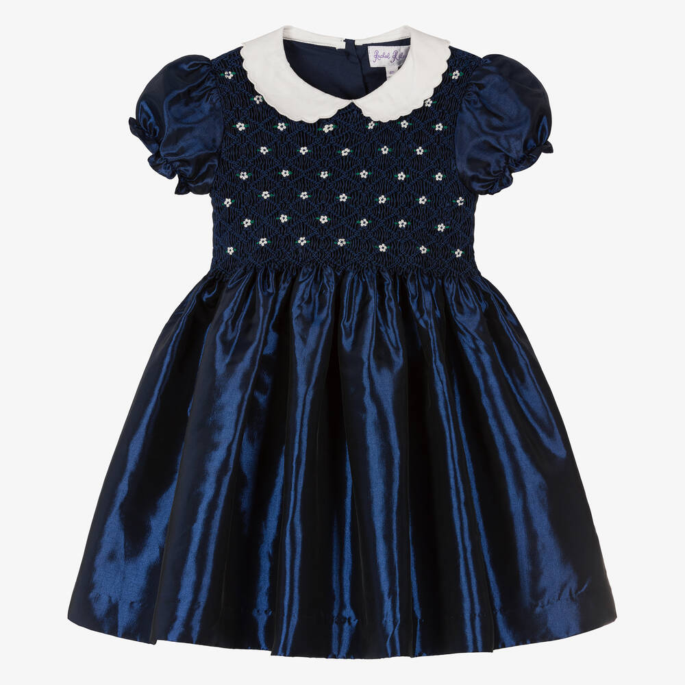 Rachel Riley - Girls Blue Hand-Smocked Satin Dress | Childrensalon