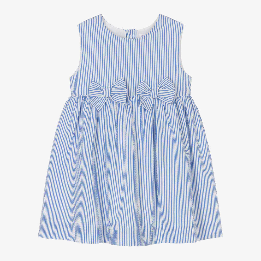 Rachel Riley - Girls Blue Striped Seersucker Dress | Childrensalon