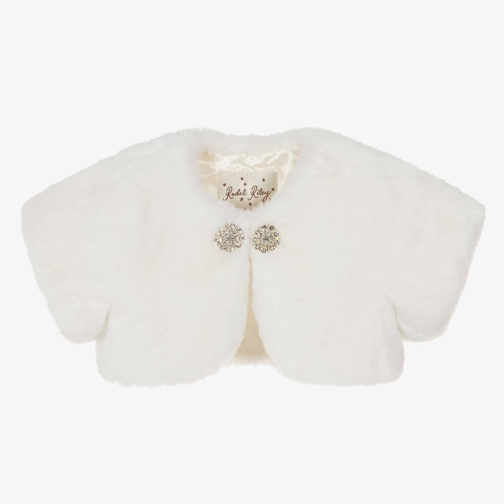 Rachel Riley Kids' Girls Ivory Faux Fur Bolero Jacket In Neutral