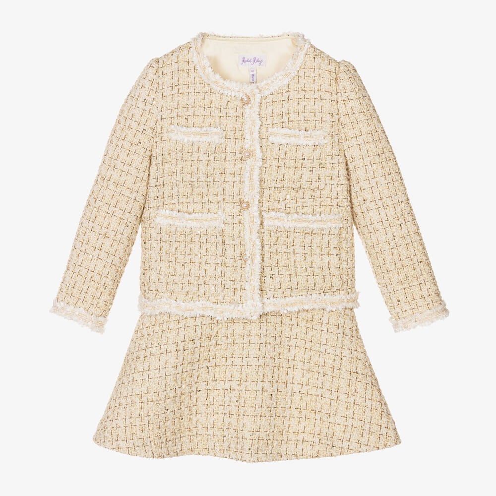Rachel Riley - Girls Ivory & Gold Tweed Blazer & Skirt Set | Childrensalon