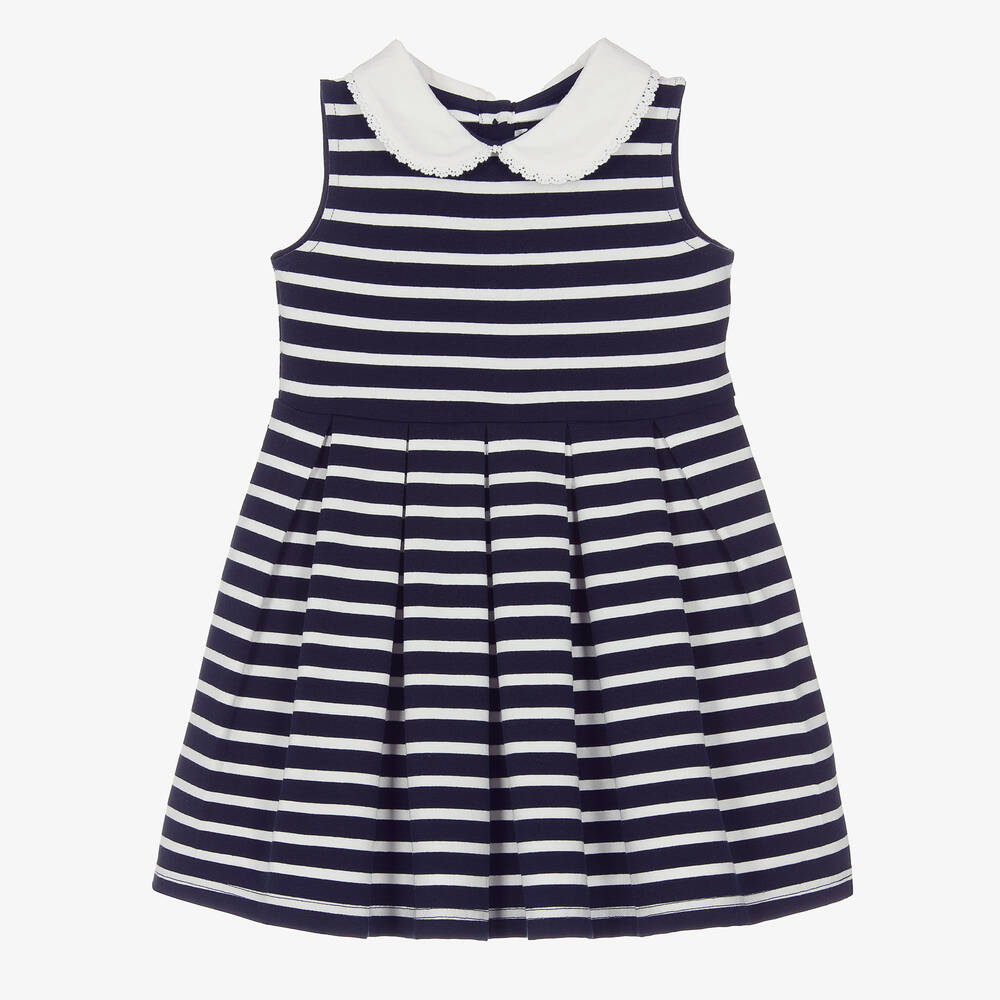 Rachel Riley - Girls Navy Blue Striped Cotton Dress | Childrensalon