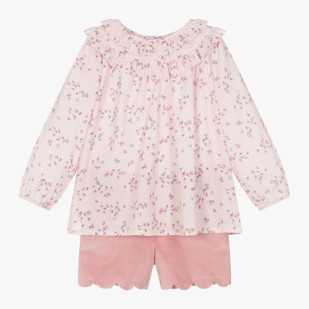 Rachel Riley - Girls Pink Cotton Floral Shorts Set | Childrensalon