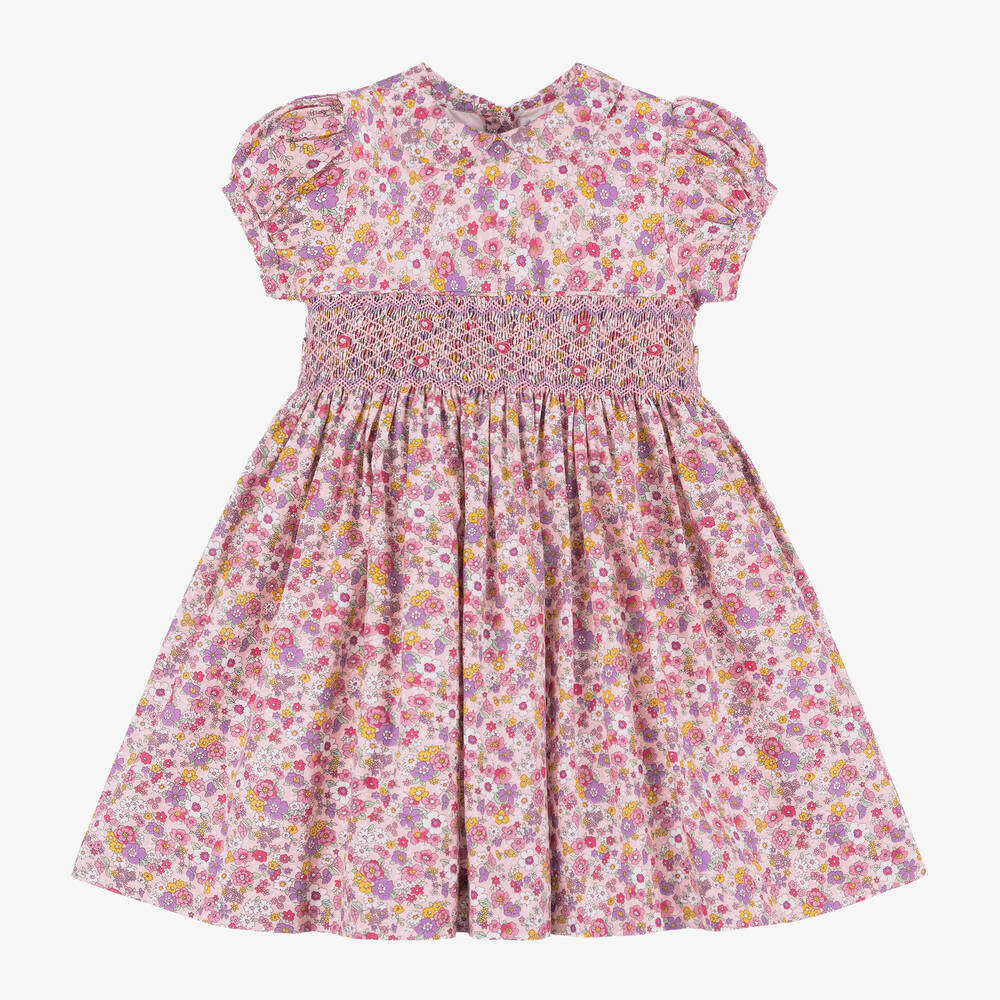 Rachel Riley - Girls Pink Floral Smocked Cotton Dress | Childrensalon