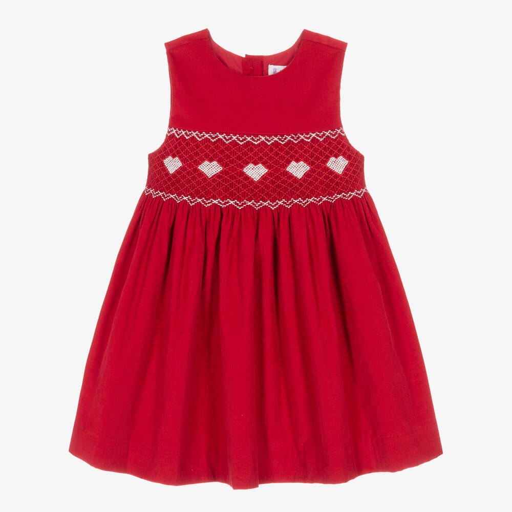 Rachel Riley - فستان مطرز سموكينغ باليد قطن كوردروي لون أحمر | Childrensalon