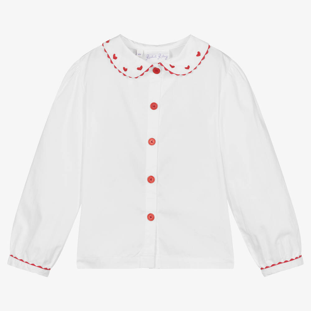 Rachel Riley - Baumwollbluse in Weiß und Rot mit Herzmuster für Mädchen | Childrensalon