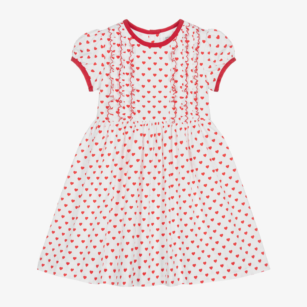 Rachel Riley - Girls White & Red Heart Print Cotton Dress | Childrensalon
