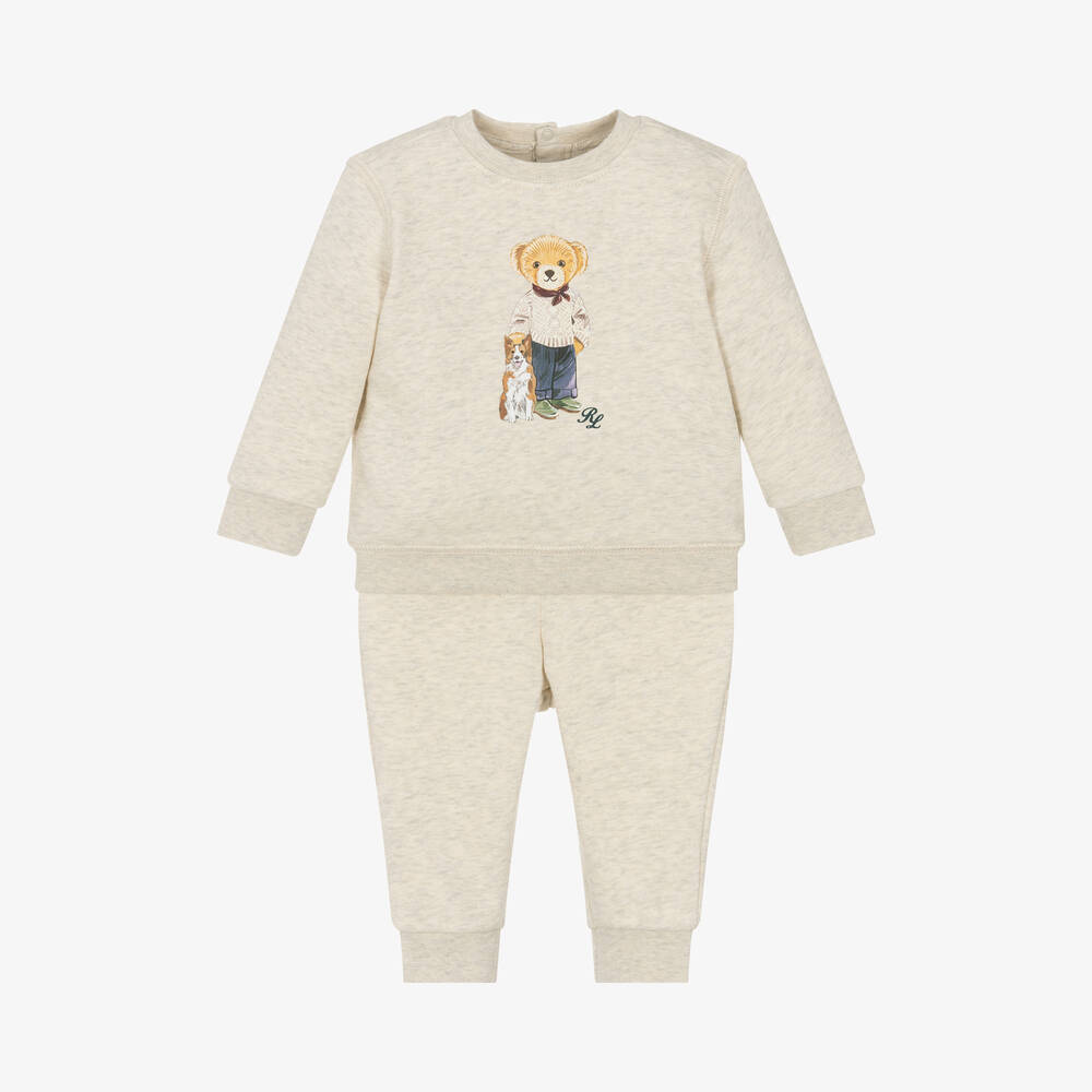 Ralph Lauren - Baby Boys Beige Marl Cotton Tracksuit | Childrensalon