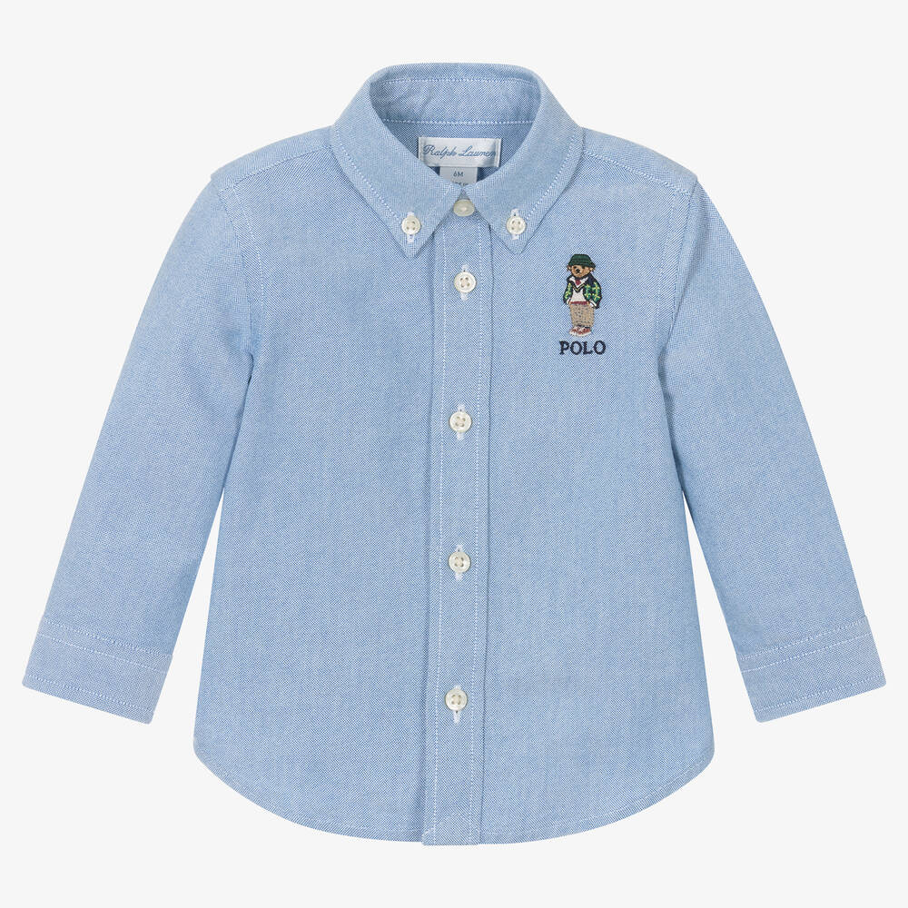Ralph Lauren Baby Boys Blue Cotton Polo Bear Shirt