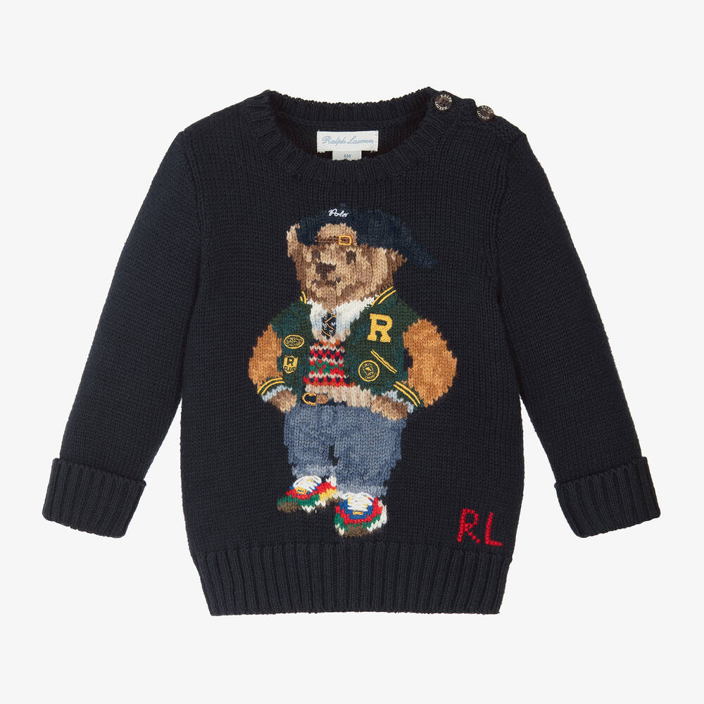 Ralph Lauren - Baby Boys Blue Cotton Polo Bear Sweater | Childrensalon