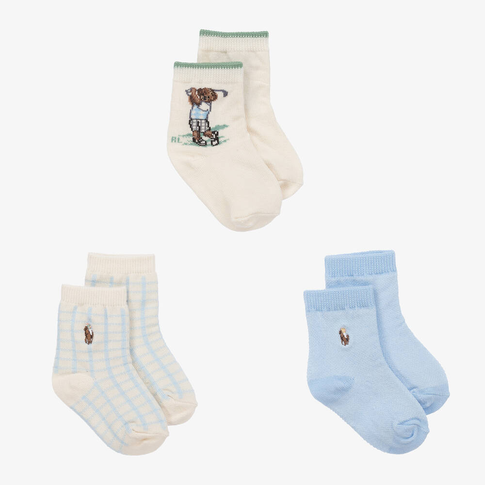 Ralph Lauren - Baby Boys Blue & Ivory Cotton Socks (3 Pack) | Childrensalon