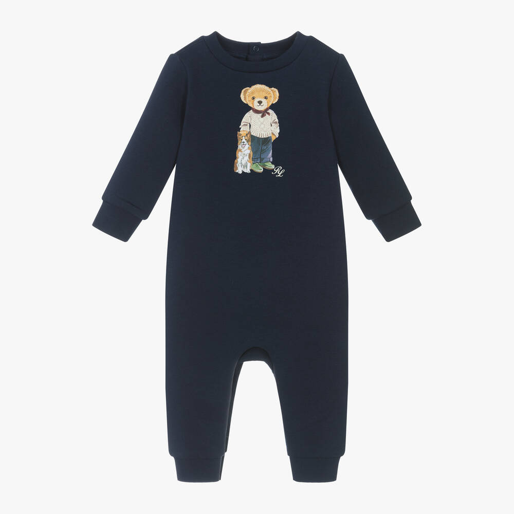 Ralph Lauren - Baby Boys Blue Polo Bear Cotton Romper | Childrensalon