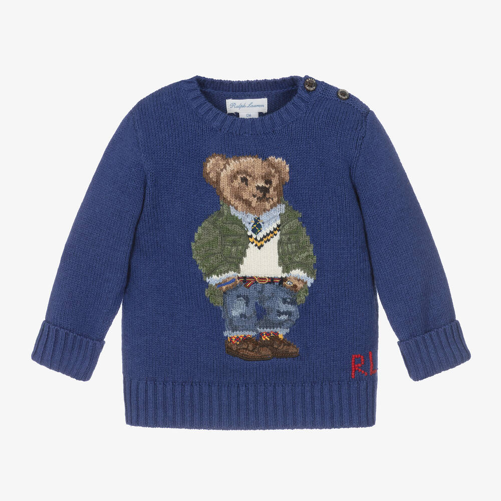Ralph Lauren - Baby Boys Blue Polo Bear Knit Jumper | Childrensalon