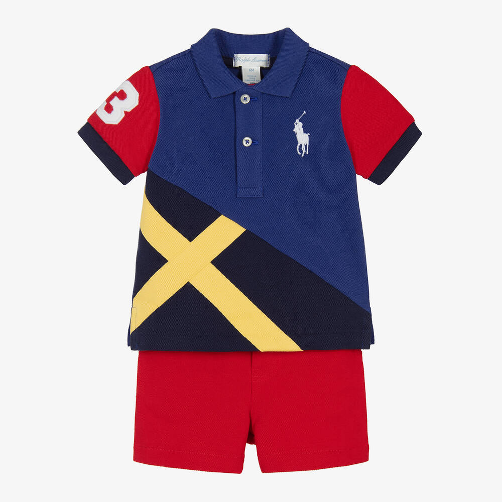 Ralph Lauren -  طقم شورت أطفال ولادي قطن بألوان بلوك  | Childrensalon