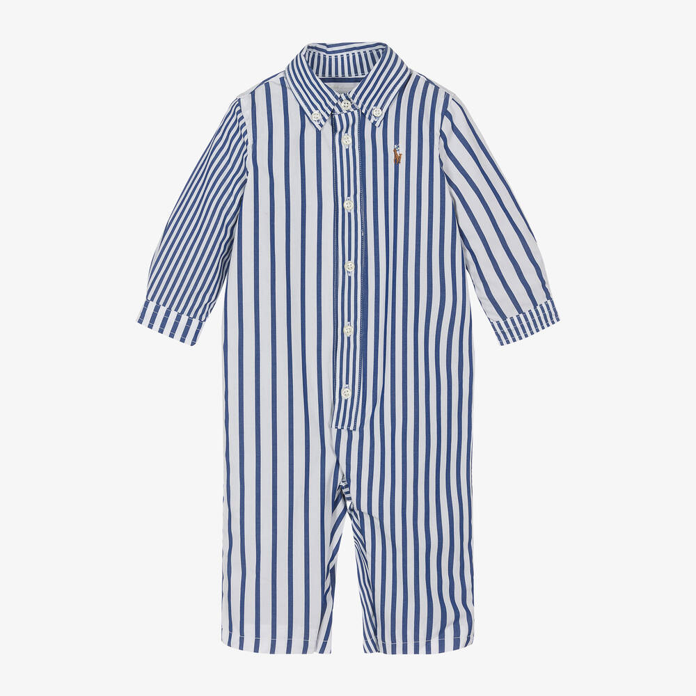 Ralph Lauren - Baby Boys Blue Stripe Collar Romper | Childrensalon