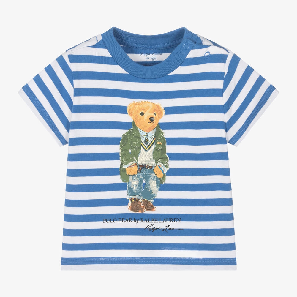 Ralph Lauren Baby Boys Blue Striped Cotton Bear T-shirt In Multi