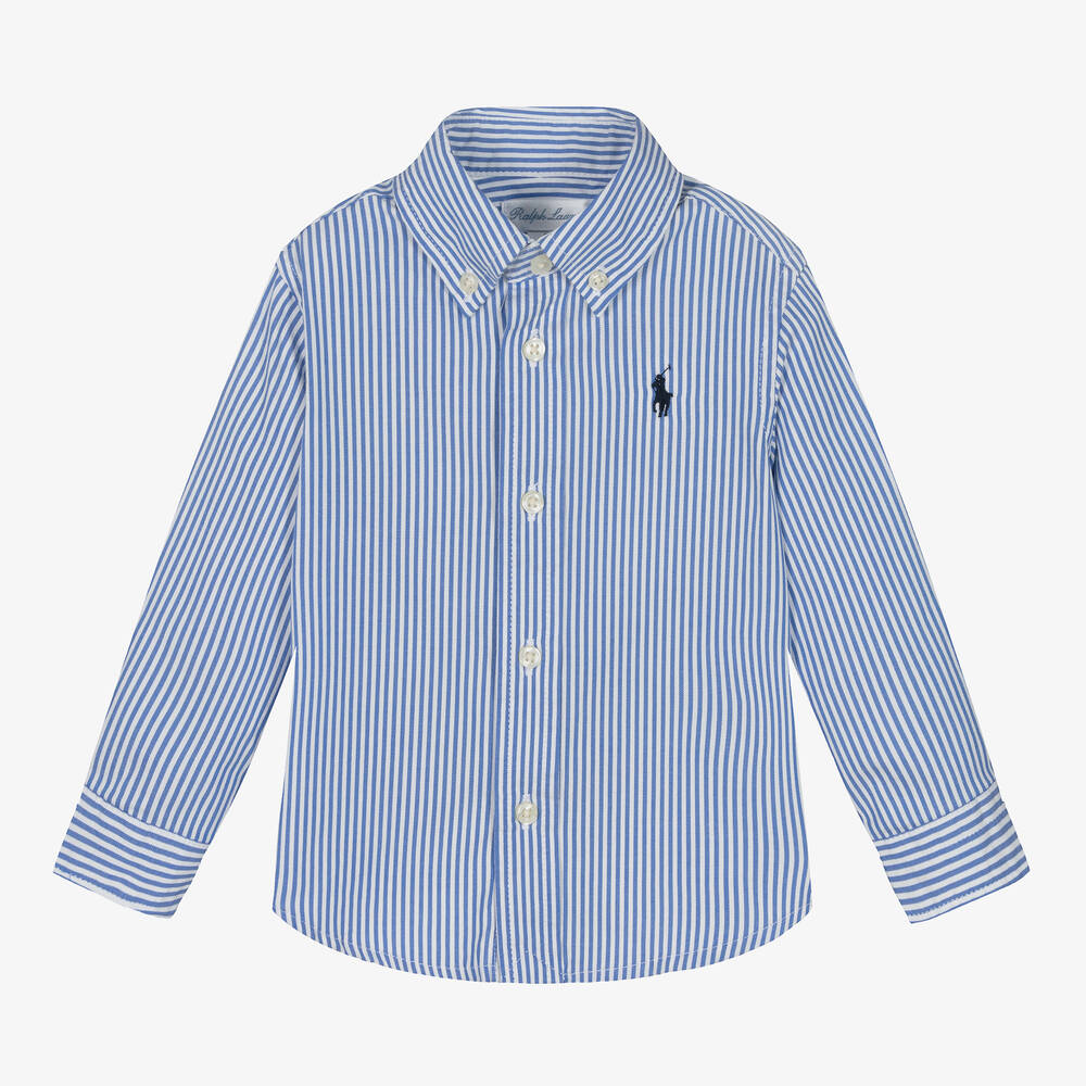 Ralph Lauren - قميص قطن بوبلين مقلم لون أزرق وأبيض للأولاد | Childrensalon