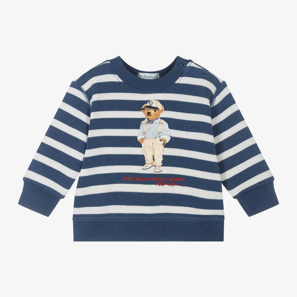 Ralph Lauren - Baby Boys Blue Striped Polo Bear Sweatshirt | Childrensalon