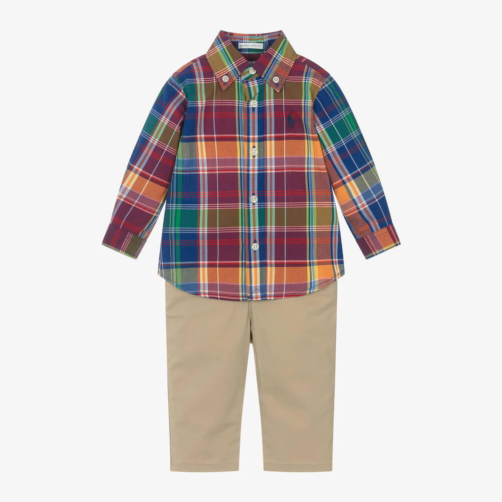Ralph Lauren - طقم بنطلون وقميص قطن كاروهات لون بيج للمواليد | Childrensalon
