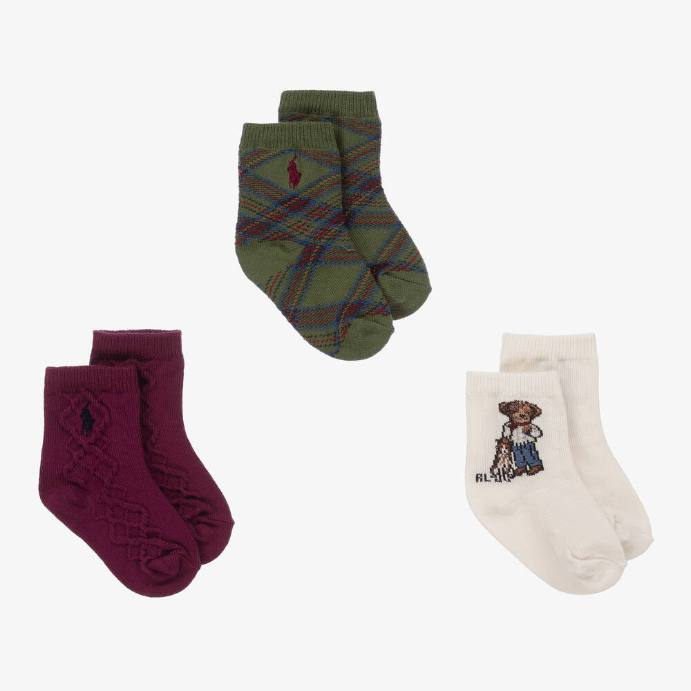 Ralph Lauren - Baby Boys Green & Red Socks (3 Pack) | Childrensalon