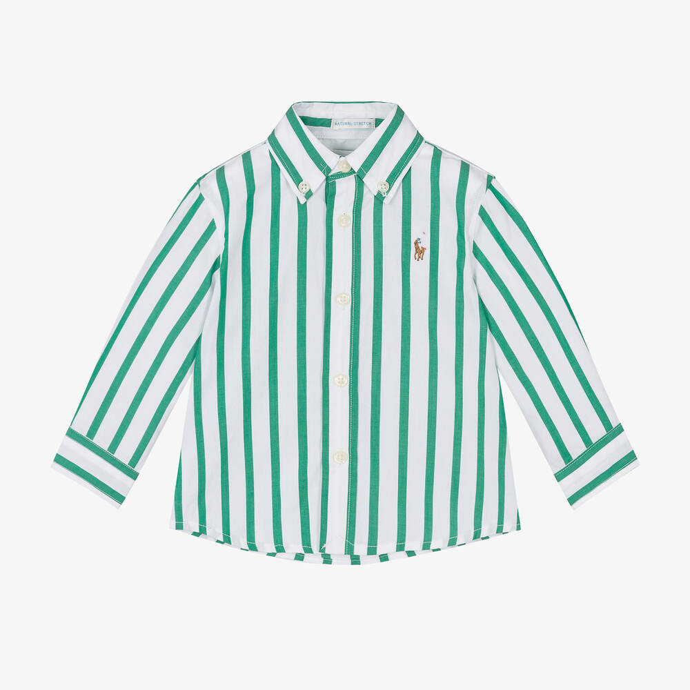 Ralph Lauren - قميص قطن بوبلين مقلم لون أخضر وأبيض للمواليد | Childrensalon