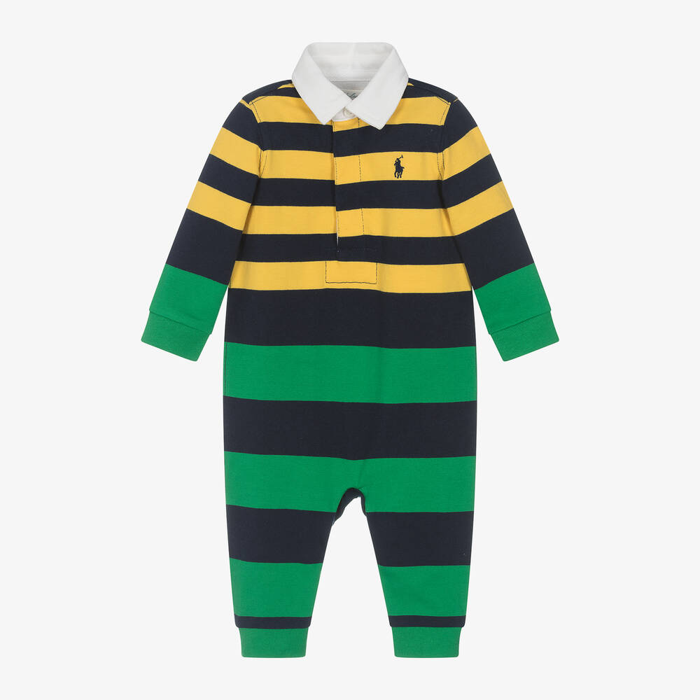 Ralph Lauren - Baby Boys Green Striped Polo Romper | Childrensalon