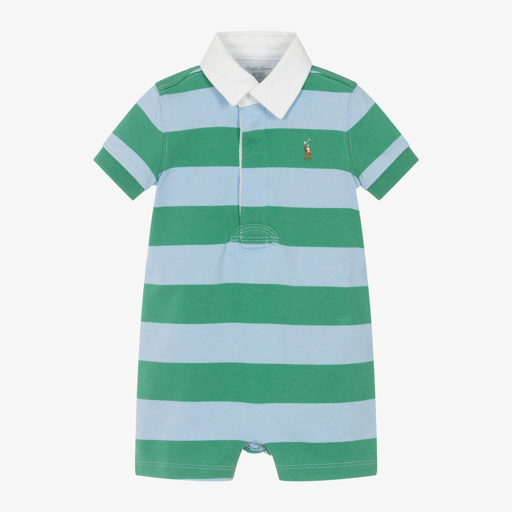 Ralph Lauren - Baby Boys Green Striped Rugby Shirt Shortie | Childrensalon