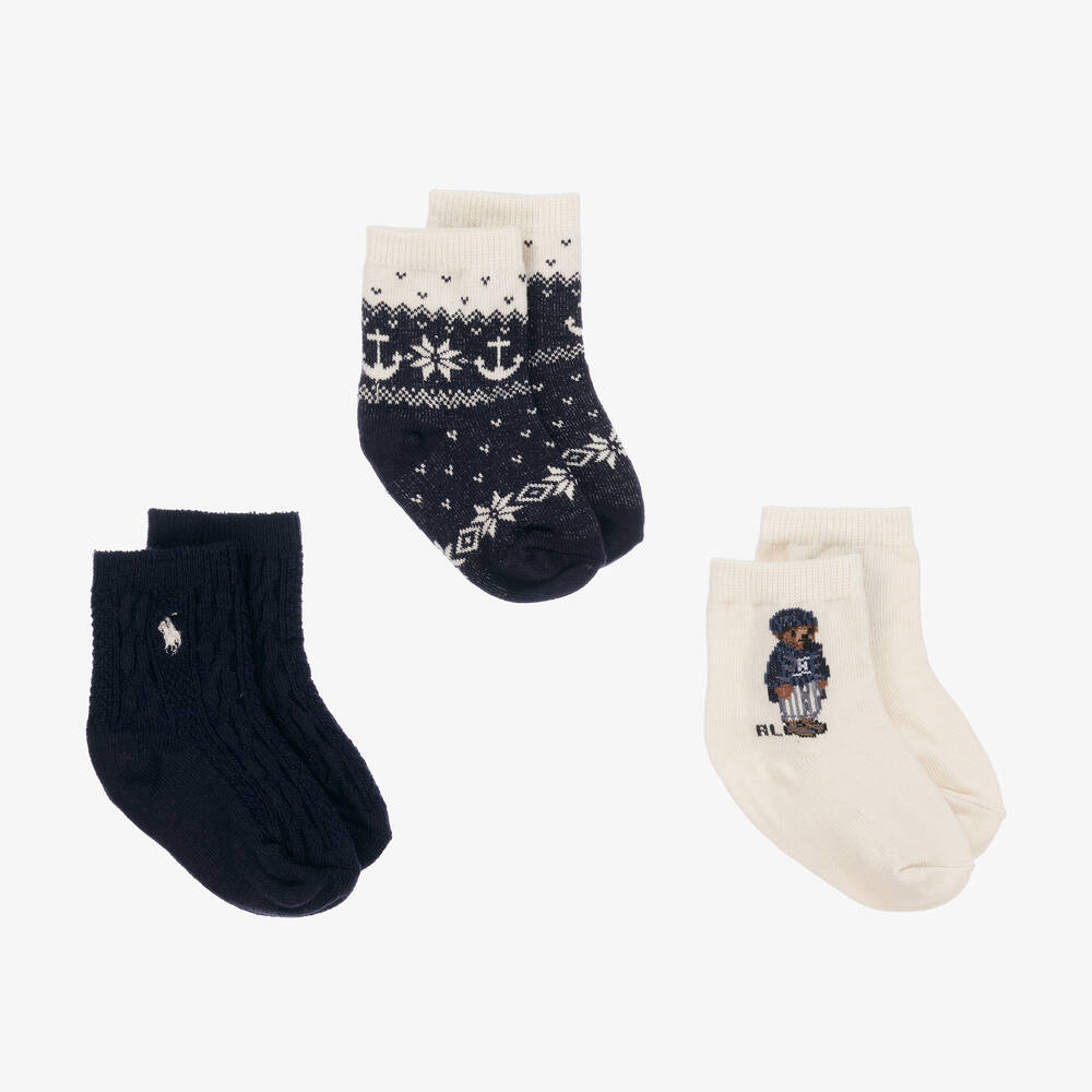 Ralph Lauren - Baby Boys Ivory & Blue Socks (3 Pack) | Childrensalon