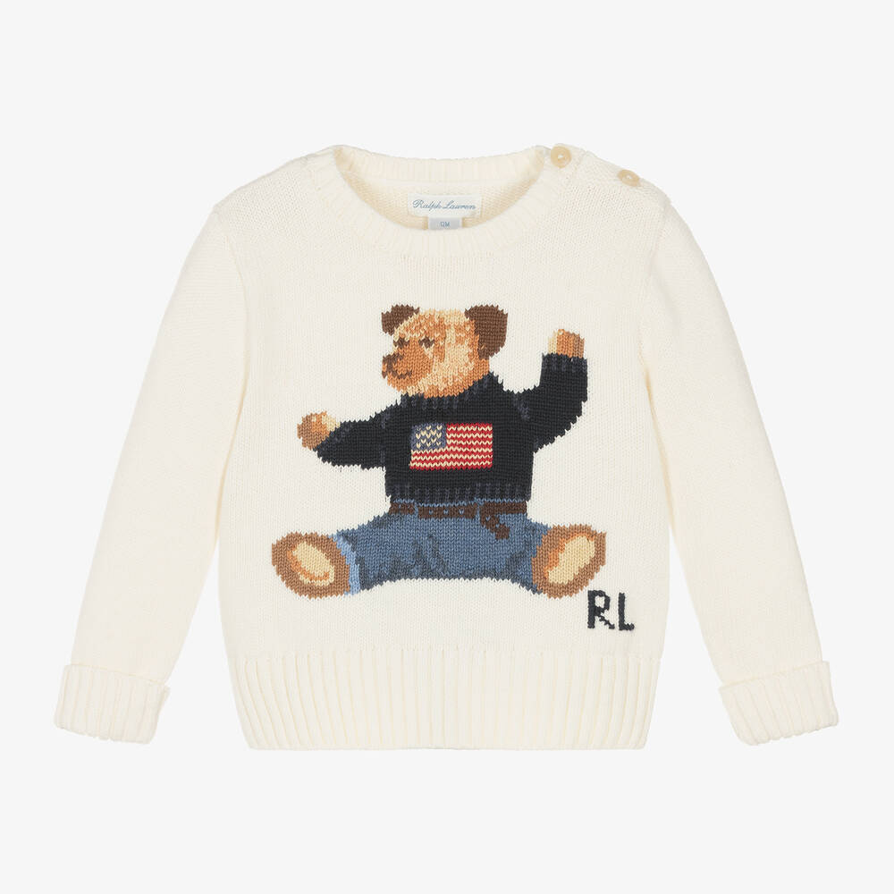 Ralph Lauren - Baby Boys Ivory Cotton Polo Bear Sweater | Childrensalon