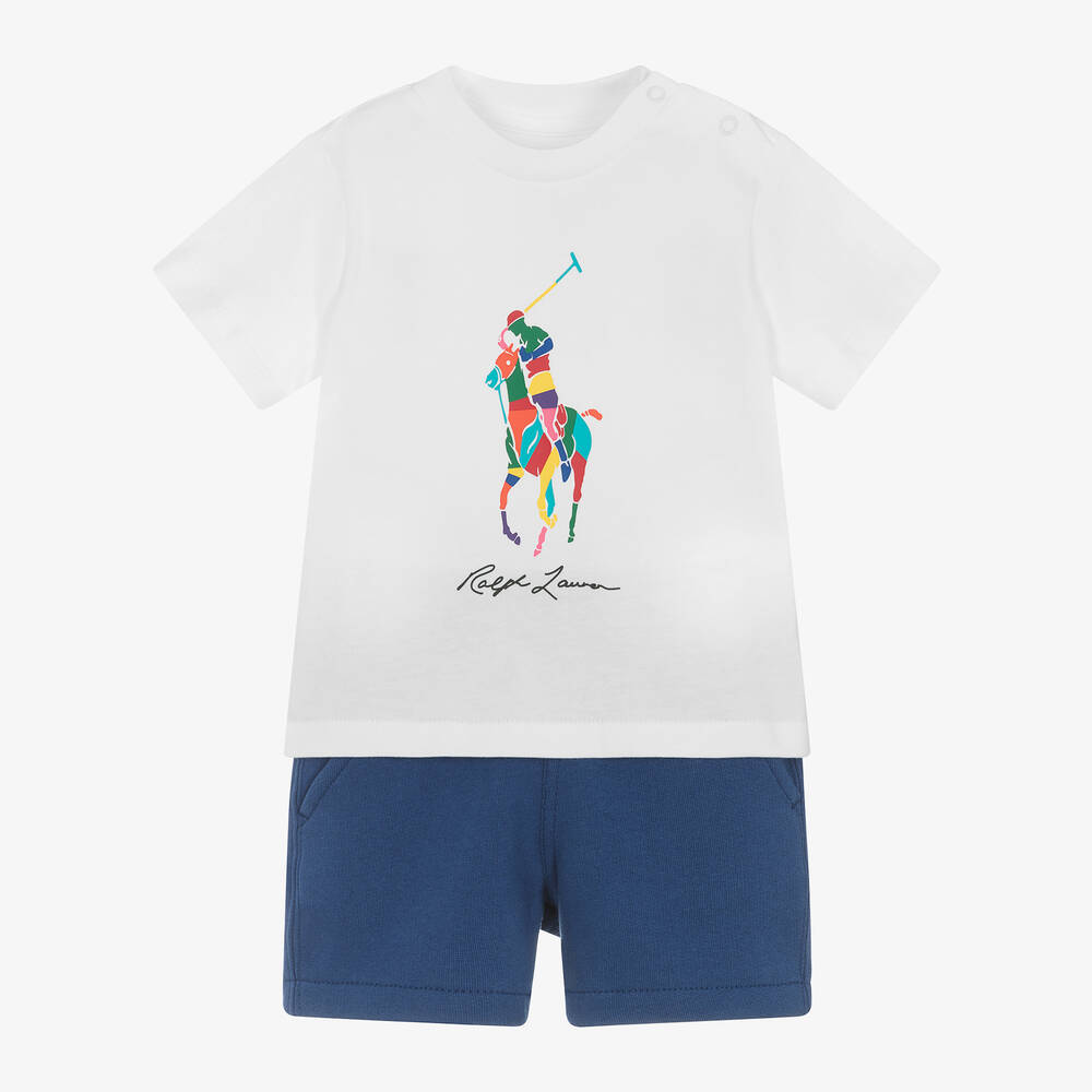 Ralph Lauren - Baby Boys White & Blue Cotton Shorts Set | Childrensalon