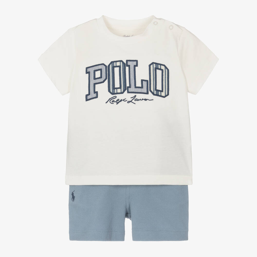 Ralph Lauren - Baby Boys White & Blue Cotton Shorts Set | Childrensalon