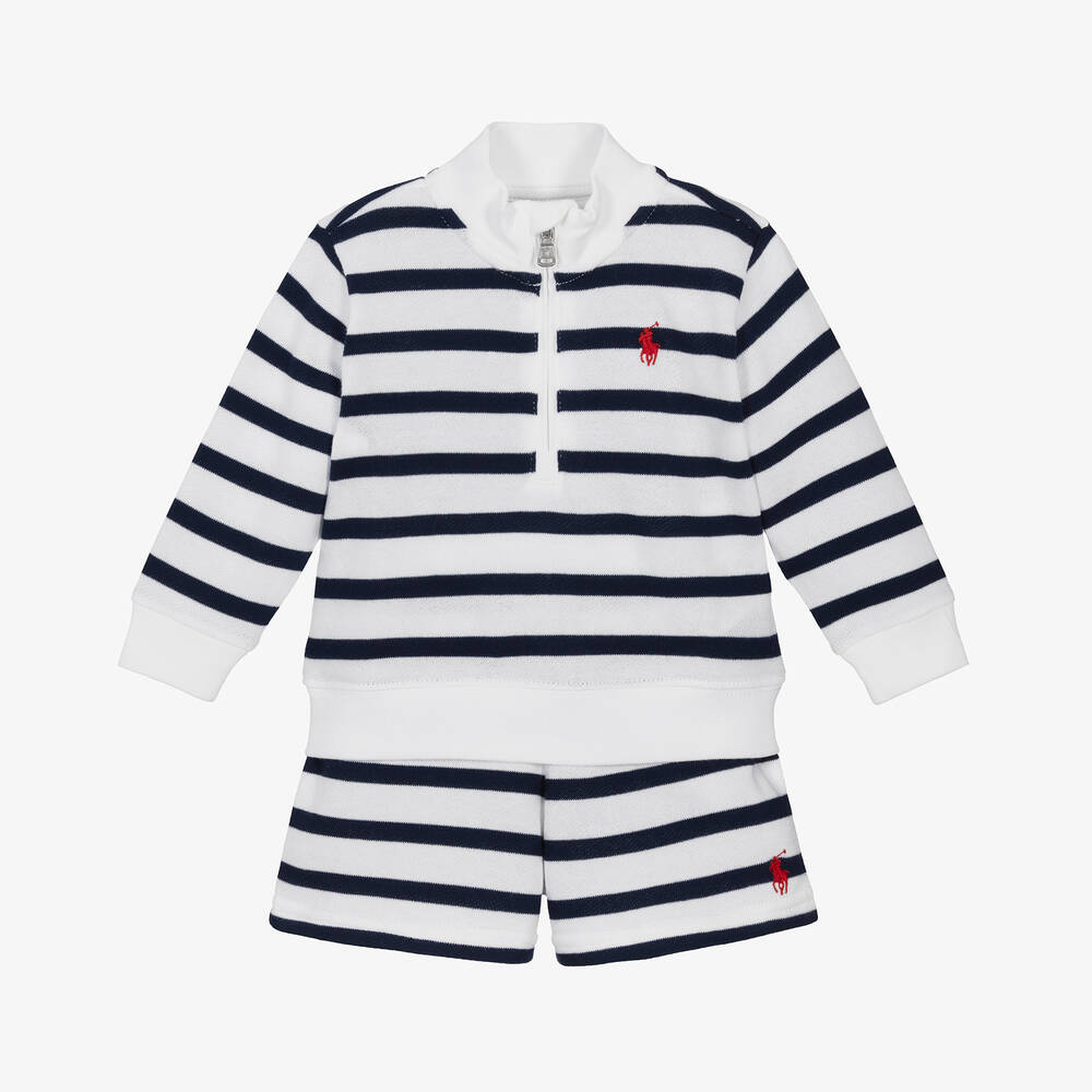 Ralph Lauren - Baby Boys White & Blue Stripe Shorts Set | Childrensalon