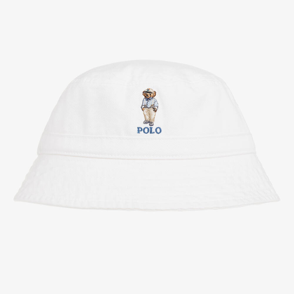 Ralph Lauren - Baby Boys White Cotton Polo Bear Bucket Hat | Childrensalon