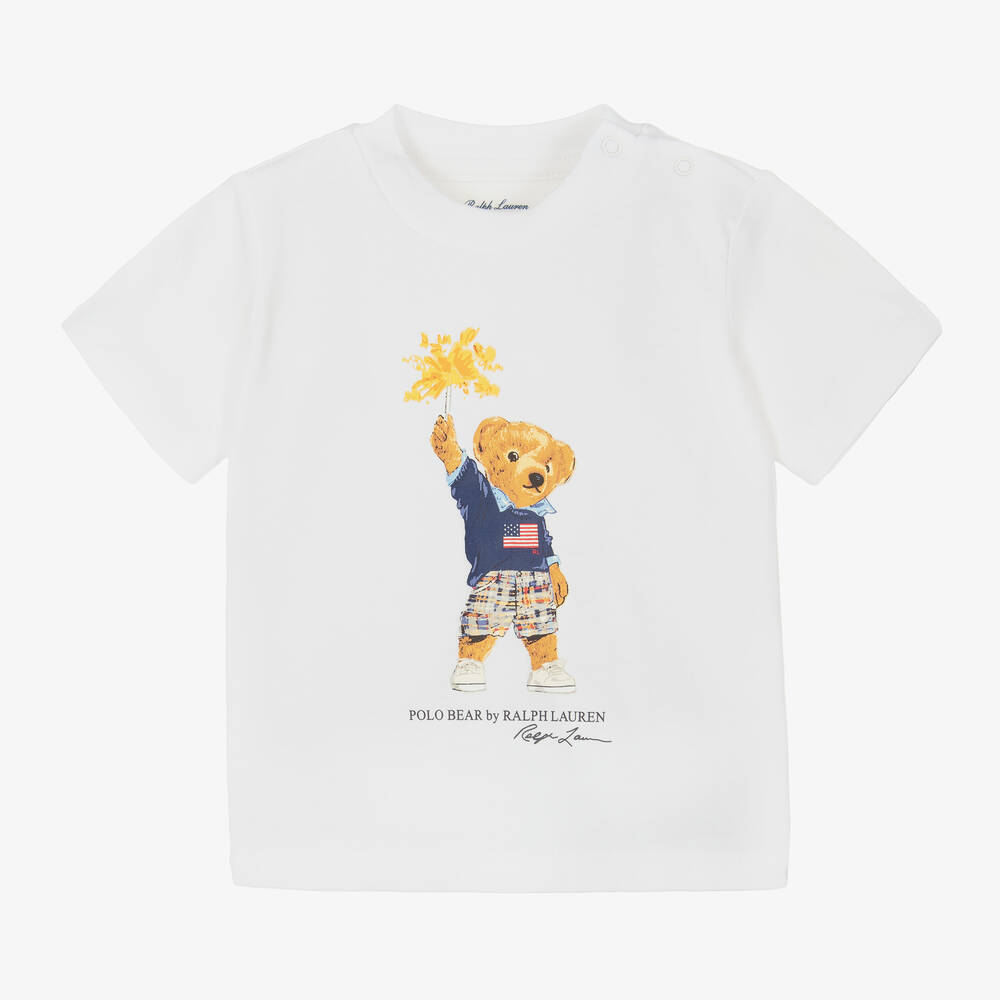 Ralph Lauren - Baby Boys White Cotton Polo Bear T-Shirt | Childrensalon