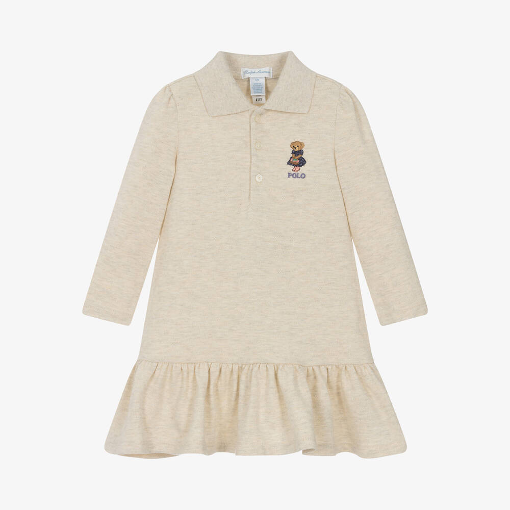 Ralph Lauren - Baby Girls Beige Cotton Polo Bear Dress | Childrensalon