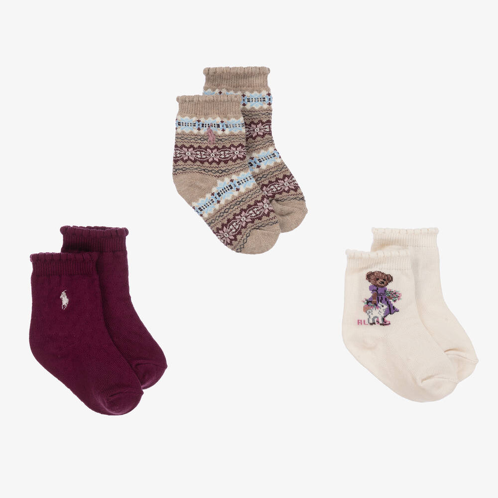 Ralph Lauren - Baby Girls Beige & Red Socks (3 Pack) | Childrensalon