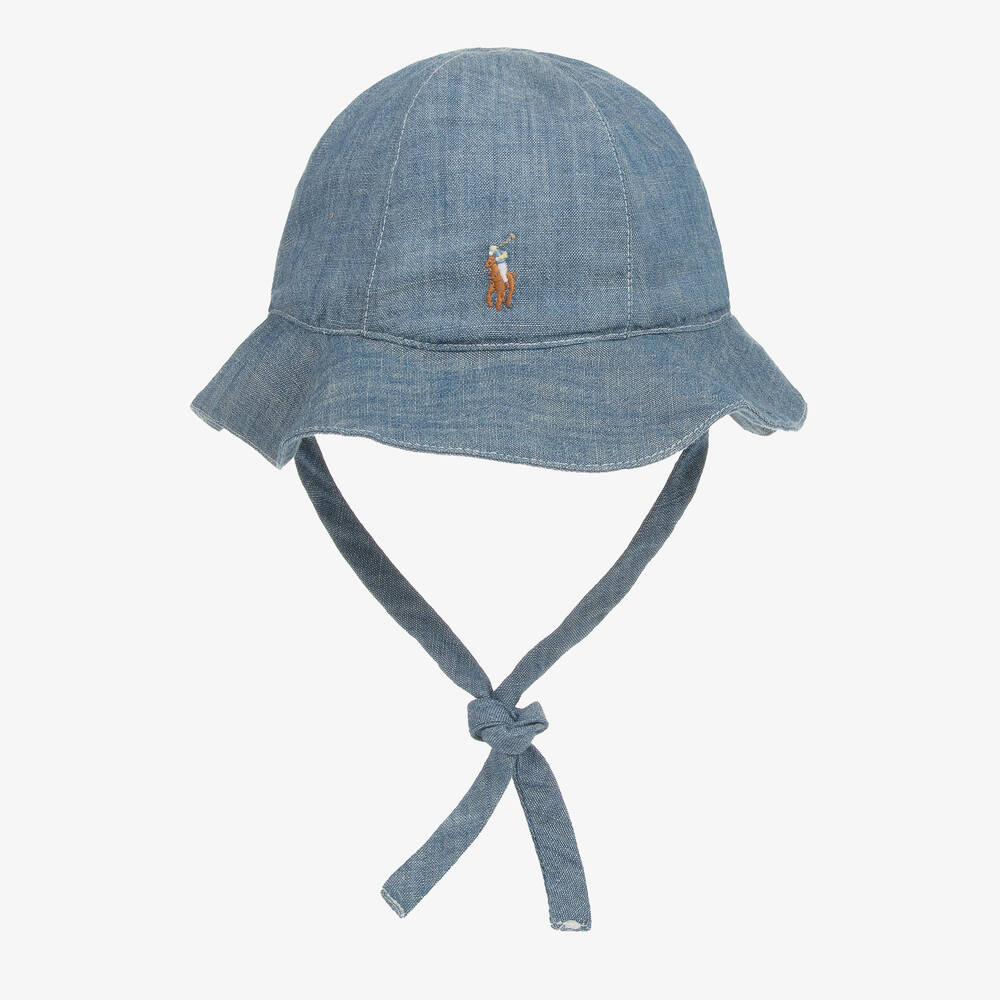 Ralph Lauren - قبعة للشمس قطن شامبري لون أزرق للمولودات | Childrensalon