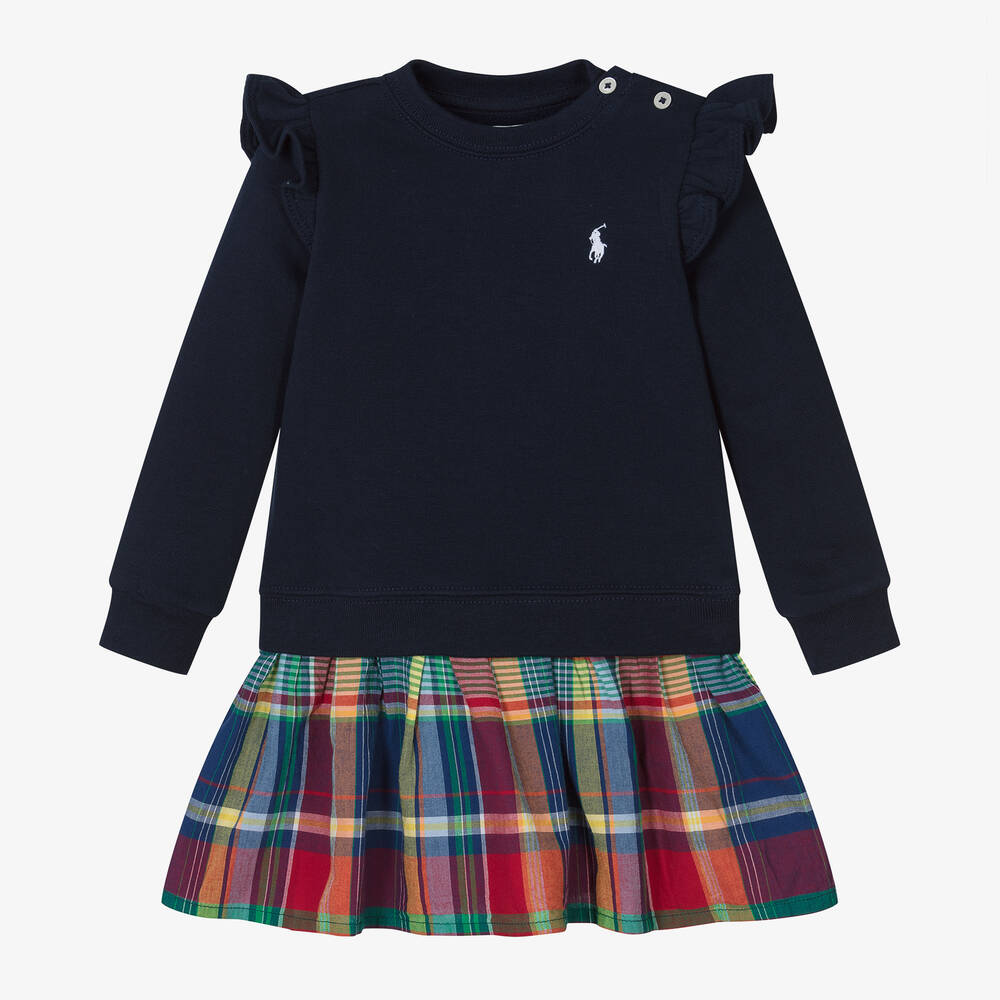 Ralph Lauren - Baby Girls Blue Check Sweatshirt Dress | Childrensalon