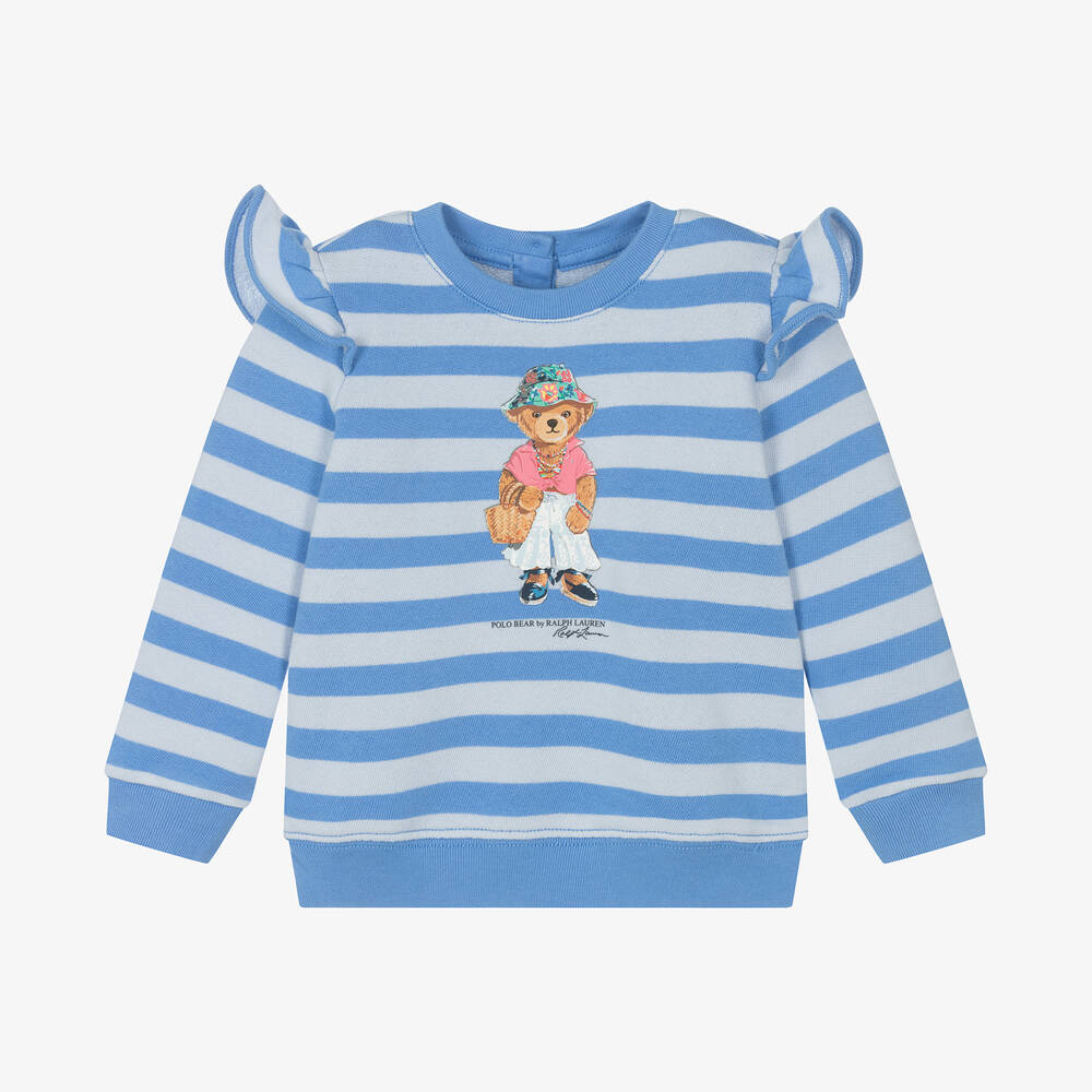 Ralph Lauren - Baby Girls Blue Cotton Polo Bear Sweatshirt | Childrensalon