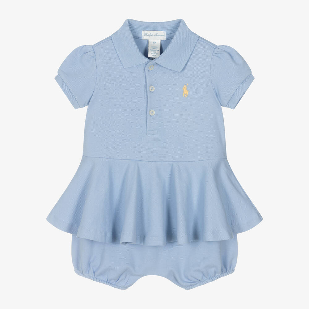 Ralph Lauren - Baby Girls Blue Cotton Polo Shortie | Childrensalon