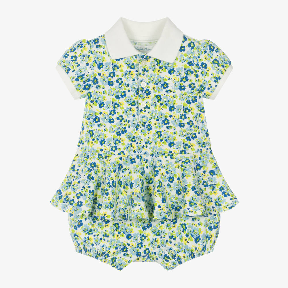 Ralph Lauren - Baby Girls Blue Floral Polo Shortie | Childrensalon