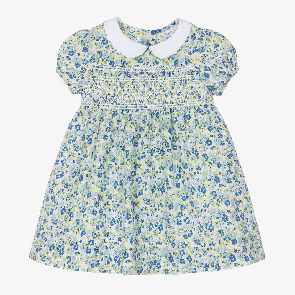 Ralph Lauren - Baby Girls Blue Floral Seersucker Dress | Childrensalon