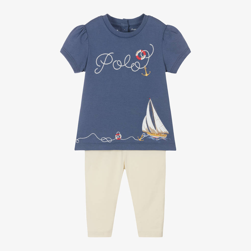 Ralph Lauren - Baby Girls Blue & Ivory Cotton Leggings Set | Childrensalon