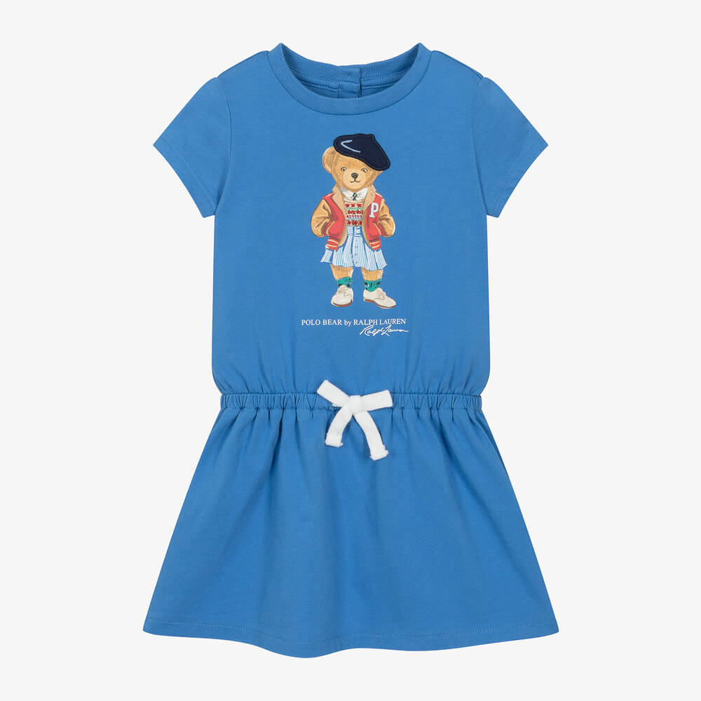 Ralph Lauren - Baby Girls Blue Polo Bear Cotton Dress | Childrensalon
