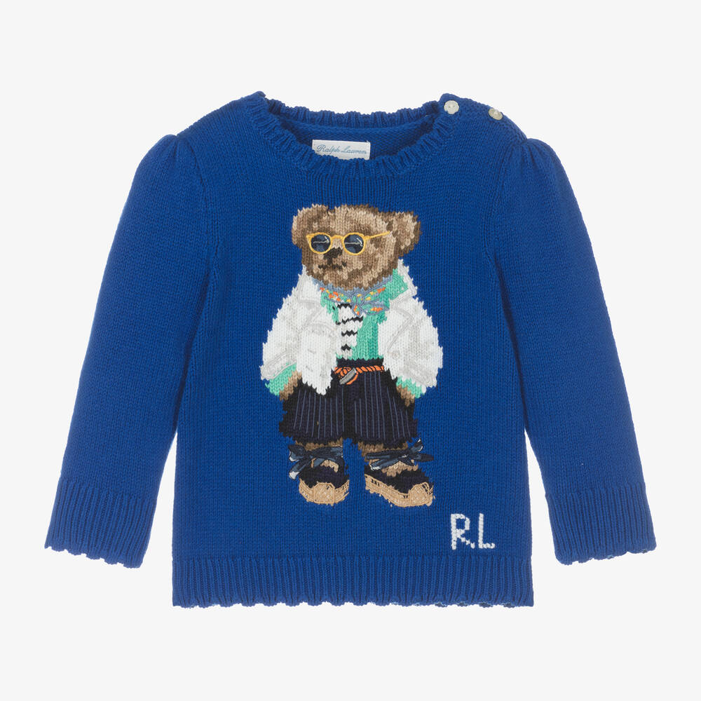Ralph Lauren - Baby Girls Blue Polo Bear Knit Sweater | Childrensalon