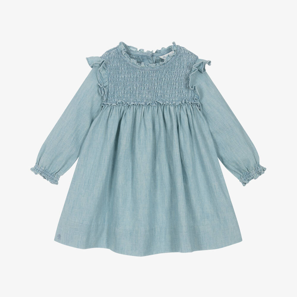 Ralph Lauren - Baby Girls Blue Ruffled Chambray Dress | Childrensalon