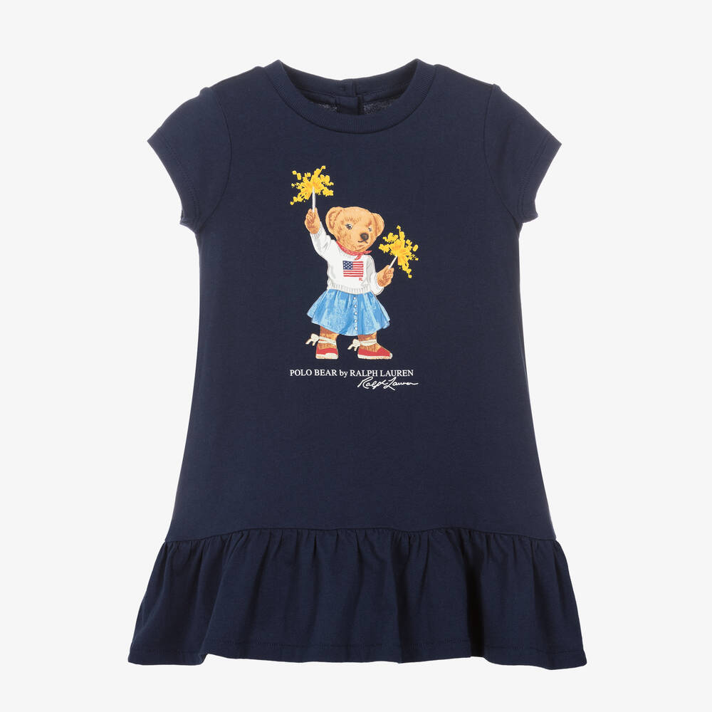 Ralph Lauren - Baby Girls Blue Sparkler Bear Cotton Dress | Childrensalon