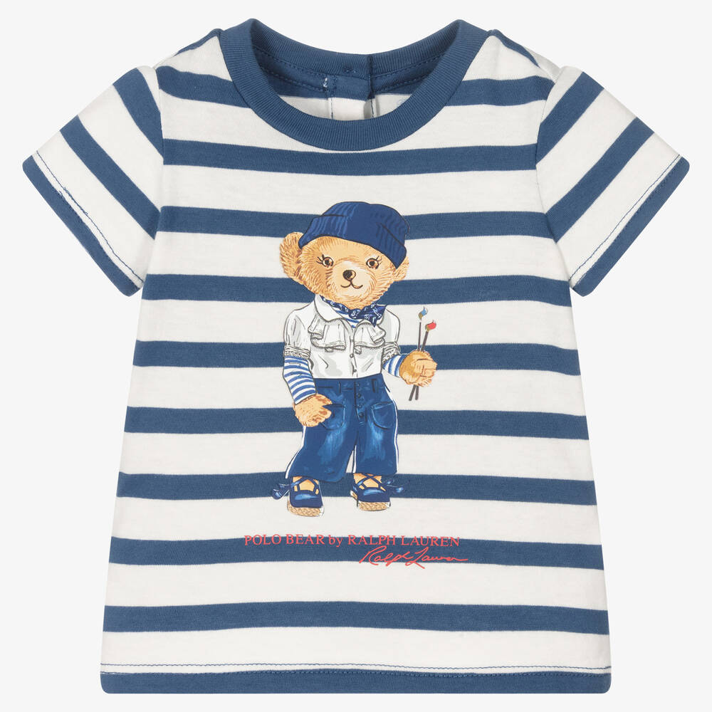 Ralph Lauren - Polo bleu rayé Polo Bear bébé fille | Childrensalon